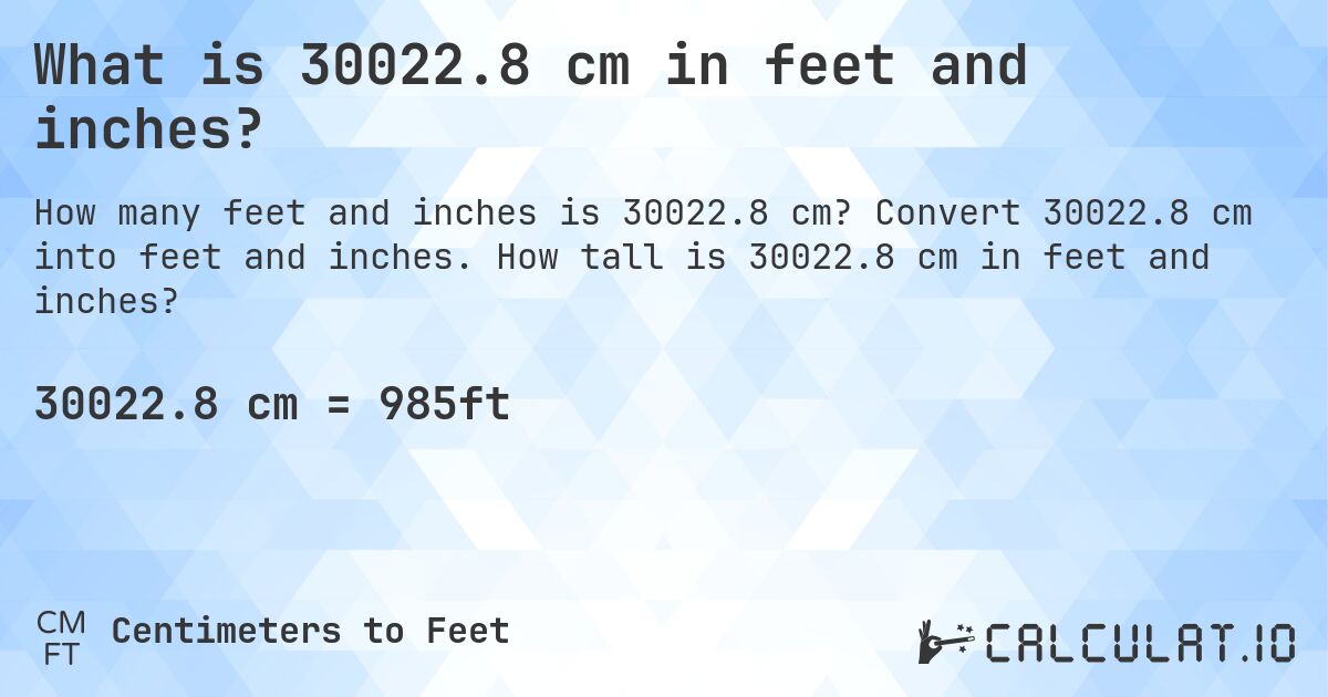 What is 30022.8 cm in feet and inches?. Convert 30022.8 cm into feet and inches. How tall is 30022.8 cm in feet and inches?