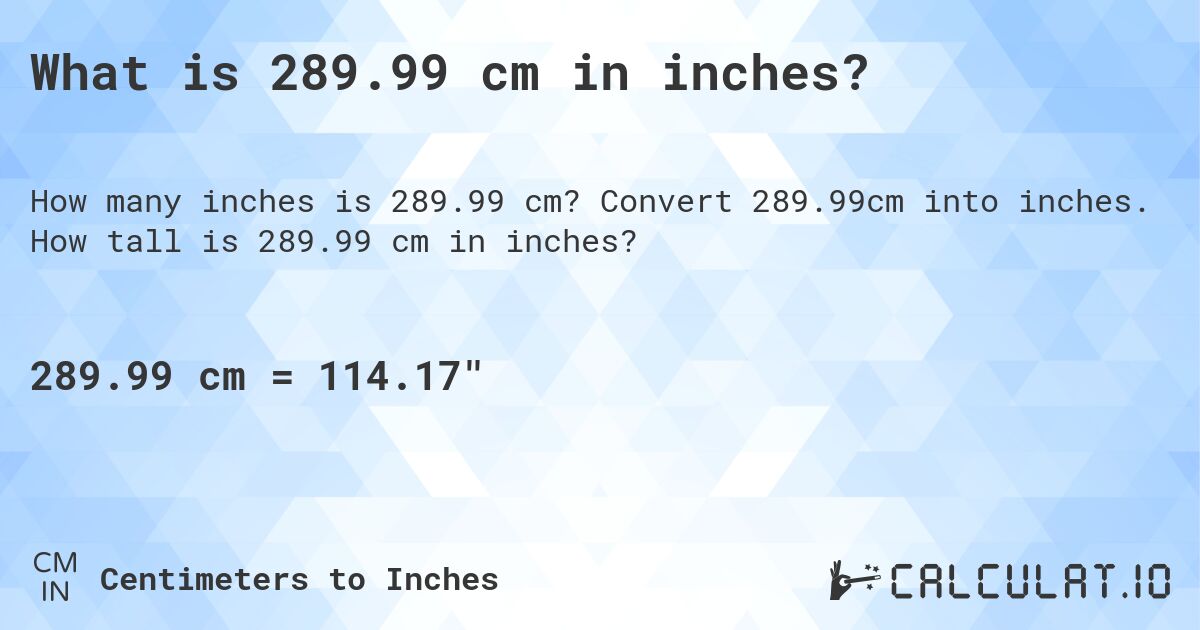 What is 289.99 cm in inches?. Convert 289.99cm into inches. How tall is 289.99 cm in inches?