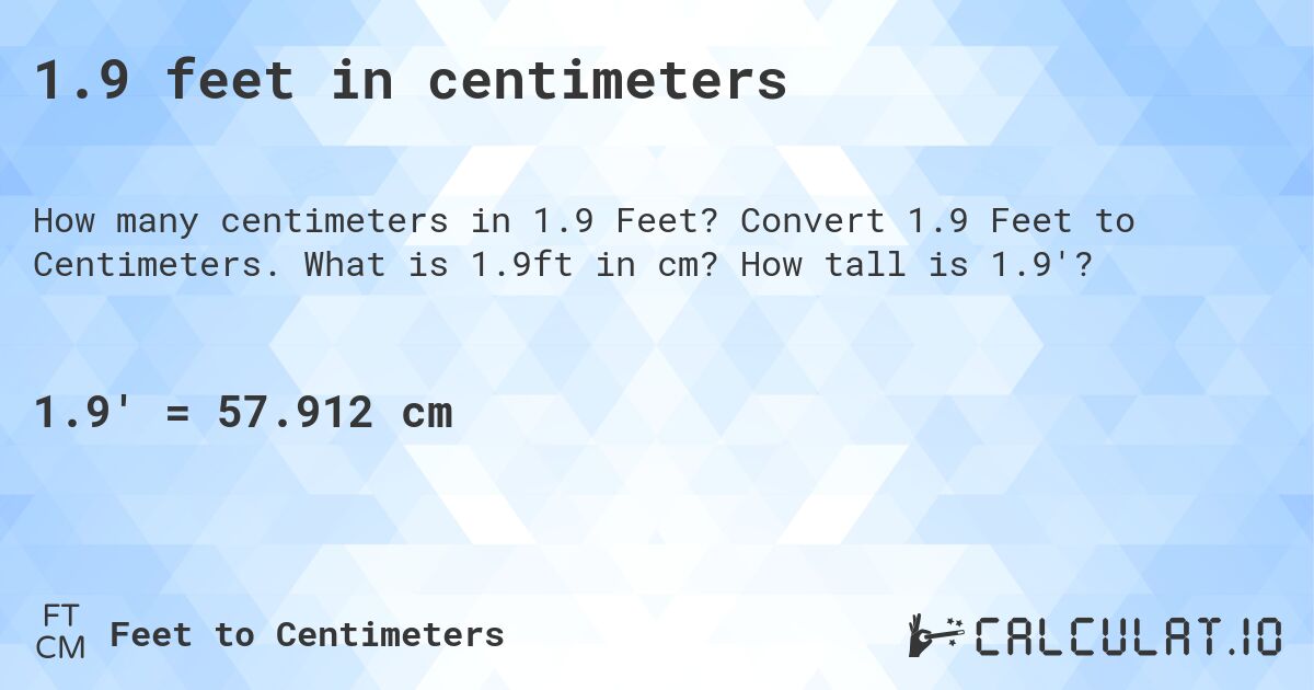 1.9 feet in centimeters. Convert 1.9 Feet to Centimeters. What is 1.9ft in cm? How tall is 1.9'?