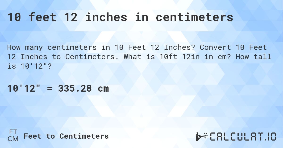 10 feet 12 inches in centimeters. Convert 10 Feet 12 Inches to Centimeters. What is 10ft 12in in cm? How tall is 10'12?