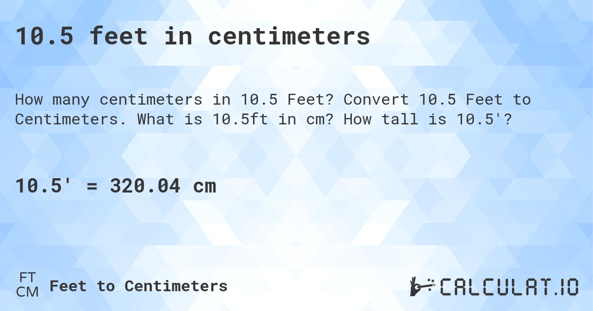 10.5 feet in centimeters. Convert 10.5 Feet to Centimeters. What is 10.5ft in cm? How tall is 10.5'?
