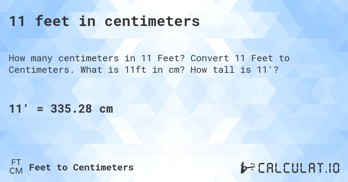 11 feet in centimeters. Convert 11 Feet to Centimeters. What is 11ft in cm? How tall is 11'?