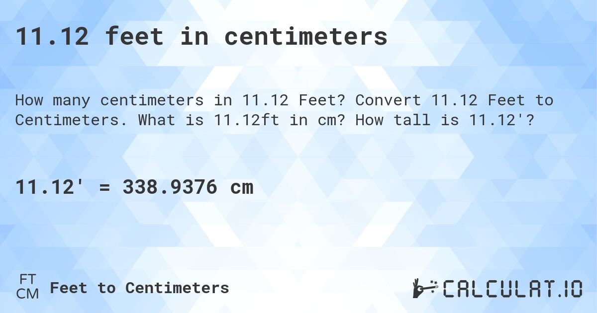 11.12 feet in centimeters. Convert 11.12 Feet to Centimeters. What is 11.12ft in cm? How tall is 11.12'?
