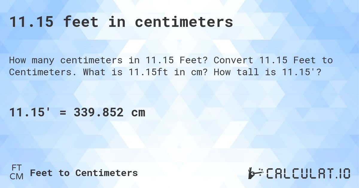 11.15 feet in centimeters. Convert 11.15 Feet to Centimeters. What is 11.15ft in cm? How tall is 11.15'?
