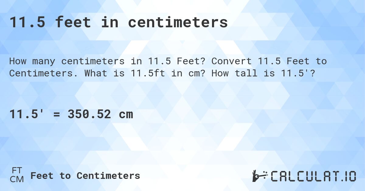 11.5 feet in centimeters. Convert 11.5 Feet to Centimeters. What is 11.5ft in cm? How tall is 11.5'?