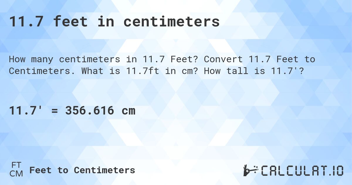 11.7 feet in centimeters. Convert 11.7 Feet to Centimeters. What is 11.7ft in cm? How tall is 11.7'?