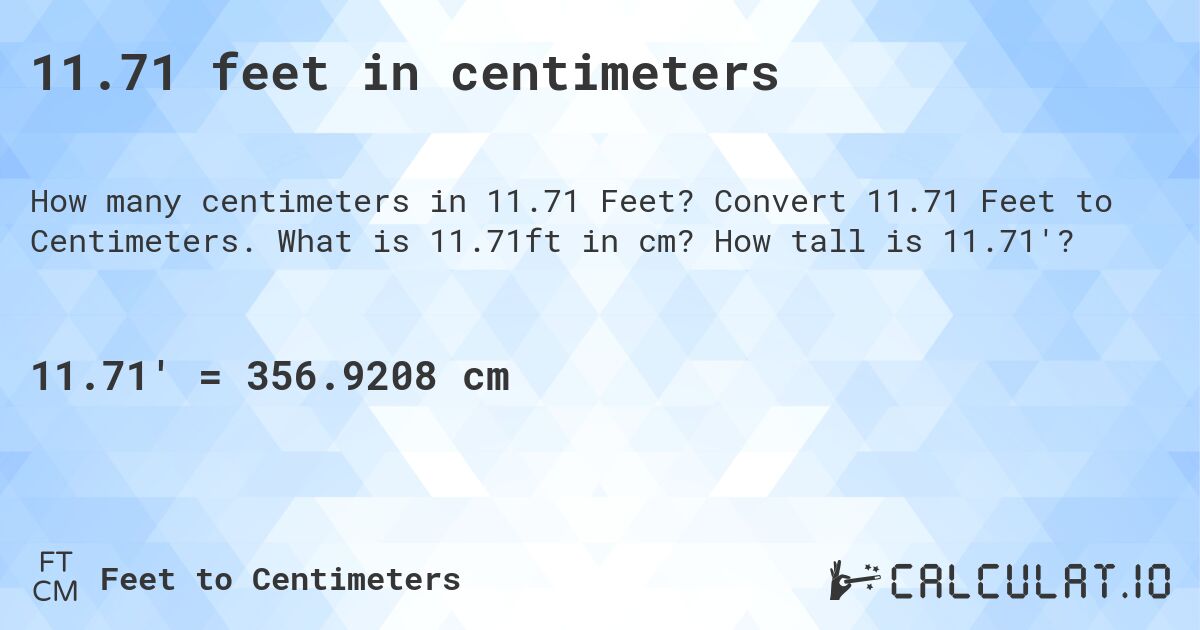 11.71 feet in centimeters. Convert 11.71 Feet to Centimeters. What is 11.71ft in cm? How tall is 11.71'?