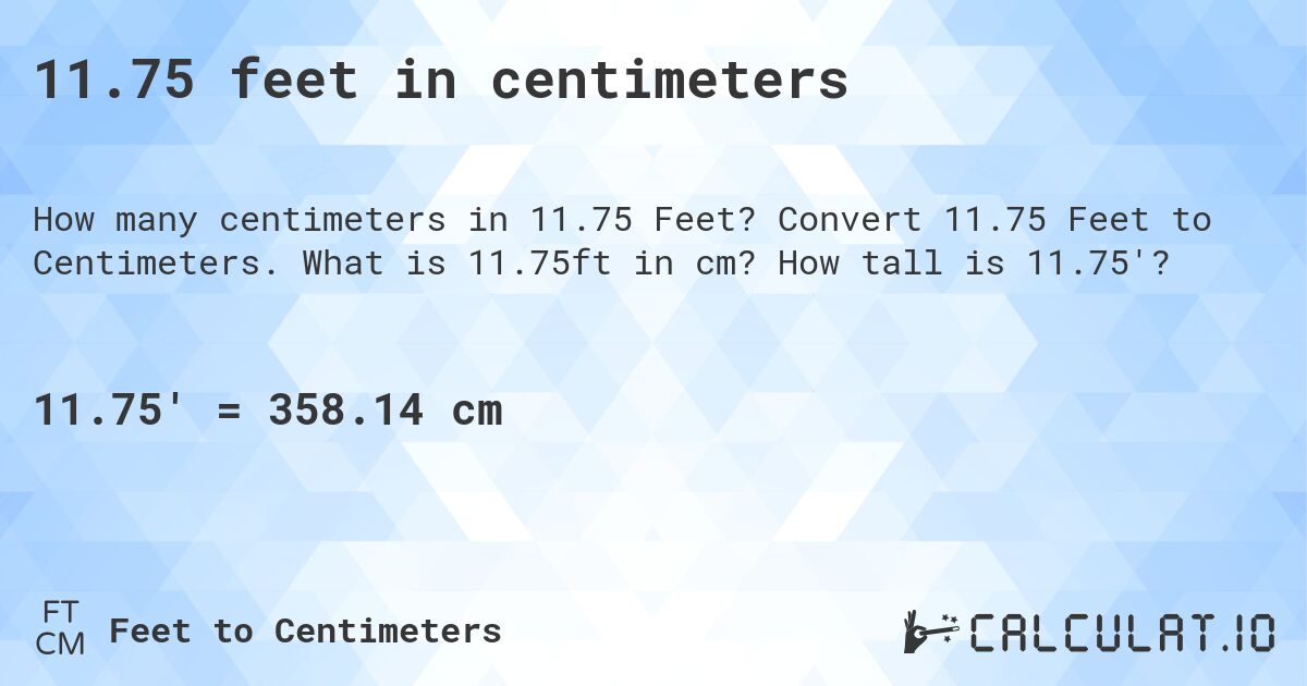 11.75 feet in centimeters. Convert 11.75 Feet to Centimeters. What is 11.75ft in cm? How tall is 11.75'?