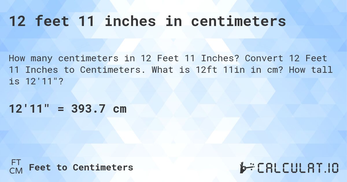 12 feet 11 inches in centimeters. Convert 12 Feet 11 Inches to Centimeters. What is 12ft 11in in cm? How tall is 12'11?