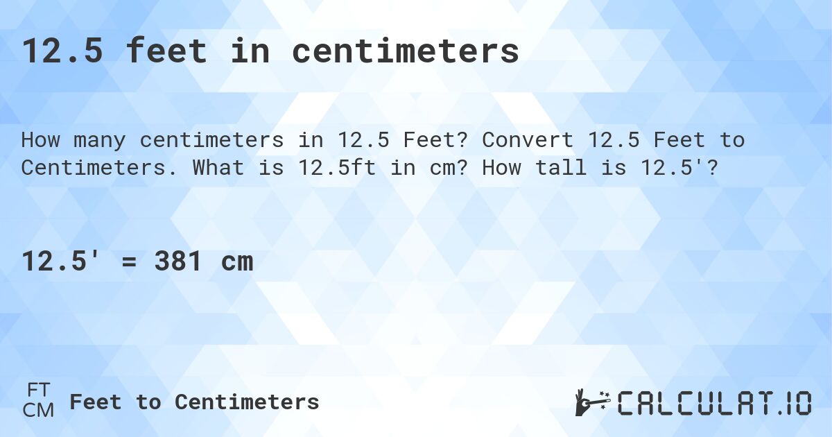 12.5 feet in centimeters. Convert 12.5 Feet to Centimeters. What is 12.5ft in cm? How tall is 12.5'?