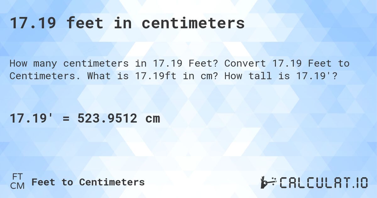 17.19 feet in centimeters. Convert 17.19 Feet to Centimeters. What is 17.19ft in cm? How tall is 17.19'?