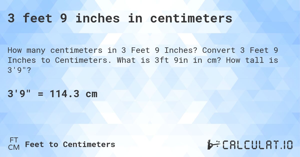 3 feet 9 inches in centimeters. Convert 3 Feet 9 Inches to Centimeters. What is 3ft 9in in cm? How tall is 3'9?