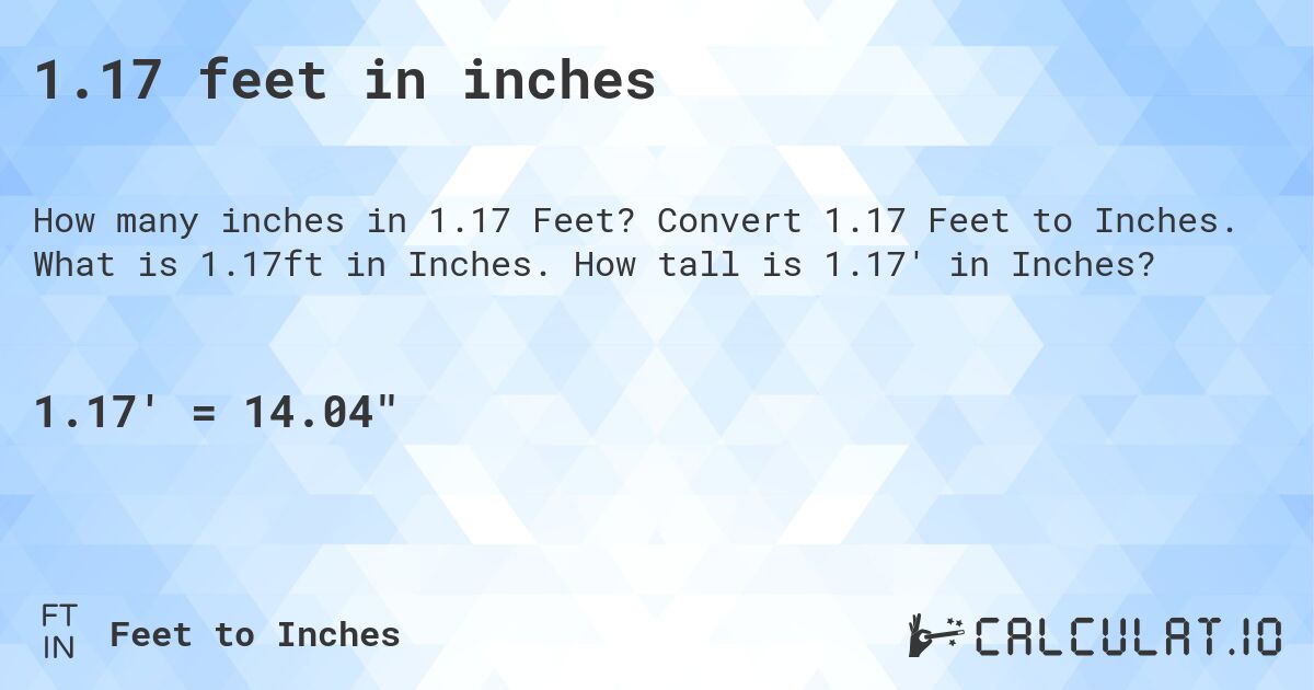 1.17 feet in inches. Convert 1.17 Feet to Inches. What is 1.17ft in Inches. How tall is 1.17' in Inches?