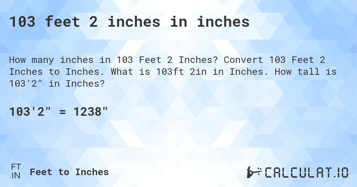 103 feet 2 inches in inches. Convert 103 Feet 2 Inches to Inches. What is 103ft 2in in Inches. How tall is 103'2 in Inches?
