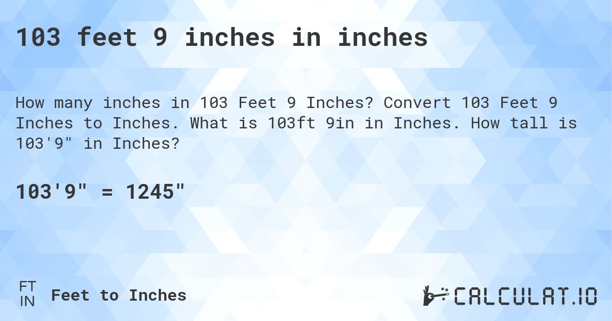 103 feet 9 inches in inches. Convert 103 Feet 9 Inches to Inches. What is 103ft 9in in Inches. How tall is 103'9 in Inches?