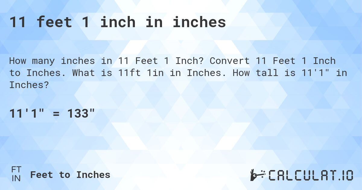 11 feet 1 inch in inches. Convert 11 Feet 1 Inch to Inches. What is 11ft 1in in Inches. How tall is 11'1 in Inches?