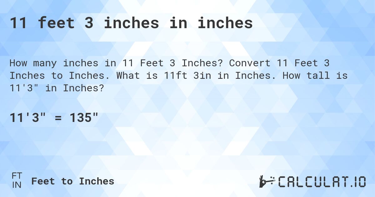 11 feet 3 inches in inches. Convert 11 Feet 3 Inches to Inches. What is 11ft 3in in Inches. How tall is 11'3 in Inches?