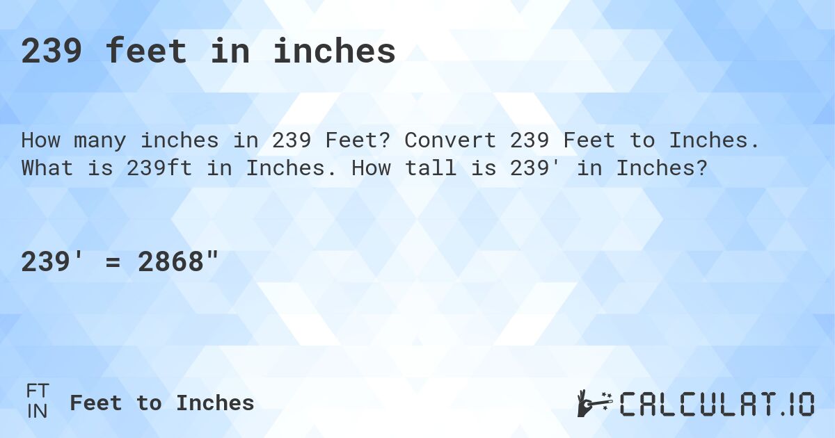 239 feet in inches. Convert 239 Feet to Inches. What is 239ft in Inches. How tall is 239' in Inches?