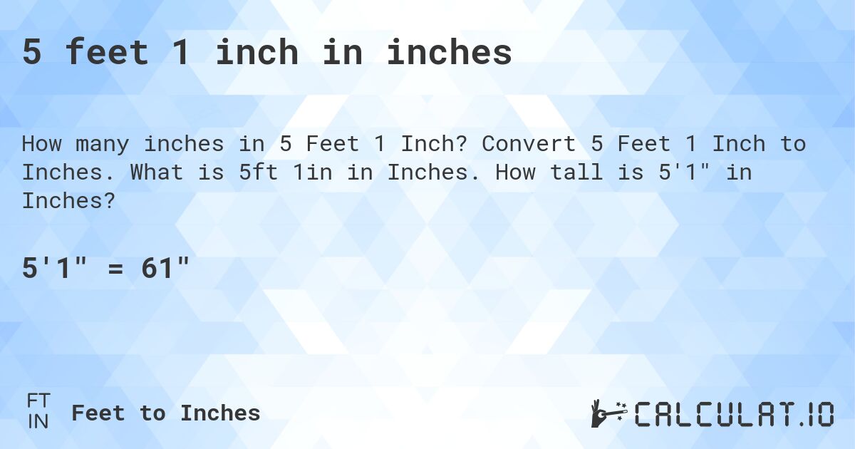 5 feet 1 inch in inches. Convert 5 Feet 1 Inch to Inches. What is 5ft 1in in Inches. How tall is 5'1 in Inches?