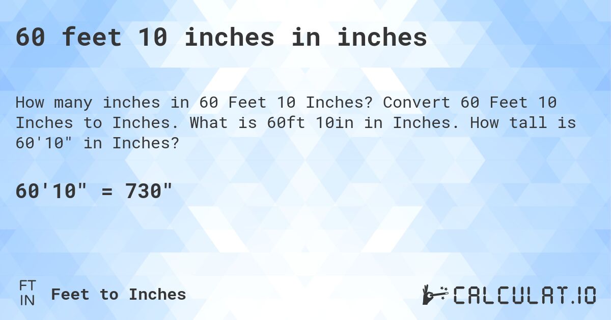 60 feet 10 inches in inches. Convert 60 Feet 10 Inches to Inches. What is 60ft 10in in Inches. How tall is 60'10 in Inches?