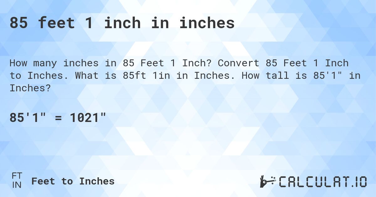 85 feet 1 inch in inches. Convert 85 Feet 1 Inch to Inches. What is 85ft 1in in Inches. How tall is 85'1 in Inches?