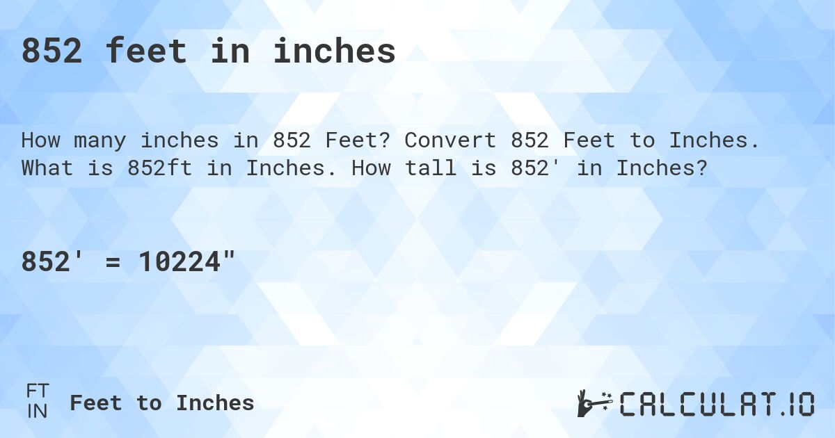 852 feet in inches. Convert 852 Feet to Inches. What is 852ft in Inches. How tall is 852' in Inches?