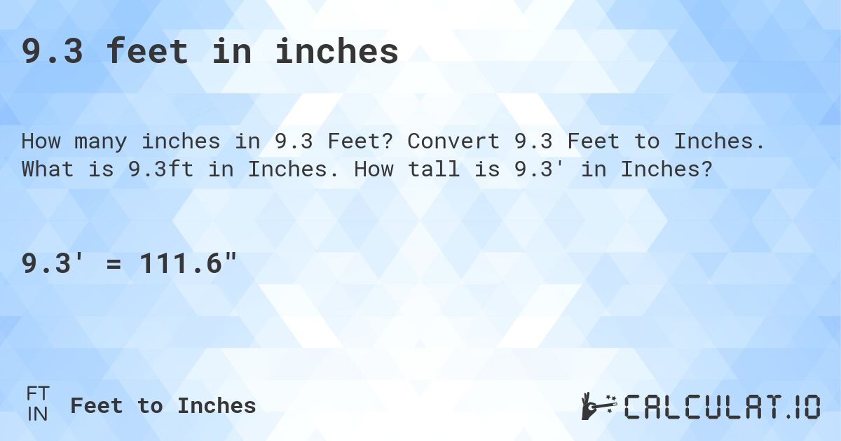 9.3 feet in inches. Convert 9.3 Feet to Inches. What is 9.3ft in Inches. How tall is 9.3' in Inches?