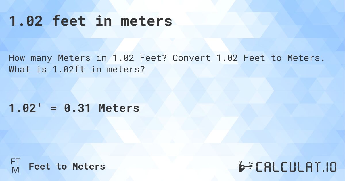 1.02 feet in meters. Convert 1.02 Feet to Meters. What is 1.02ft in meters?