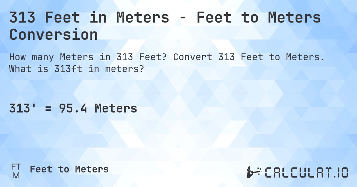 313 Feet in Meters - Feet to Meters Conversion. Convert 313 Feet to Meters. What is 313ft in meters?