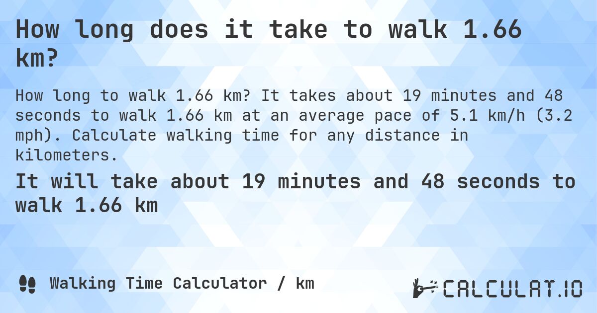 How long does it take to walk 1.66 km?. It takes about 19 minutes and 48 seconds to walk 1.66 km at an average pace of 5.1 km/h (3.2 mph). Calculate walking time for any distance in kilometers.