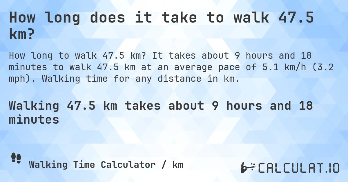 How long does it take to walk 47.5 km?. It takes about 9 hours and 18 minutes to walk 47.5 km at an average pace of 5.1 km/h (3.2 mph). Walking time for any distance in km.