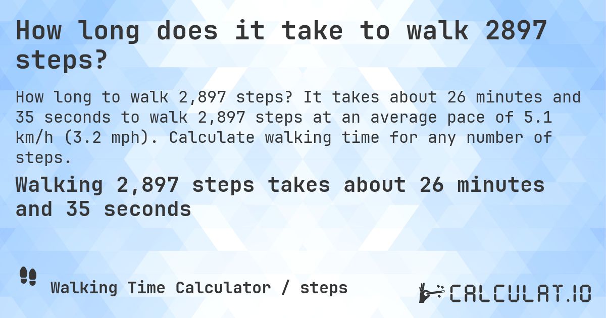 How long does it take to walk 2897 steps?. It takes about 26 minutes and 35 seconds to walk 2,897 steps at an average pace of 5.1 km/h (3.2 mph). Calculate walking time for any number of steps.