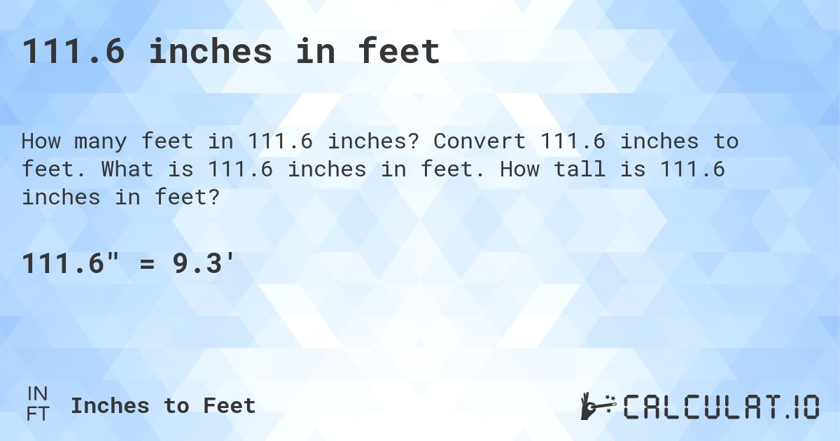 111.6 inches in feet. Convert 111.6 inches to feet. What is 111.6 inches in feet. How tall is 111.6 inches in feet?
