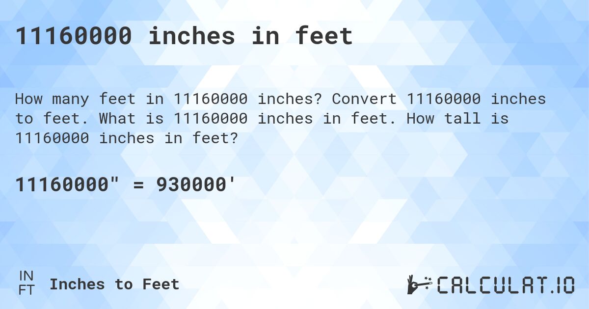 11160000 inches in feet. Convert 11160000 inches to feet. What is 11160000 inches in feet. How tall is 11160000 inches in feet?