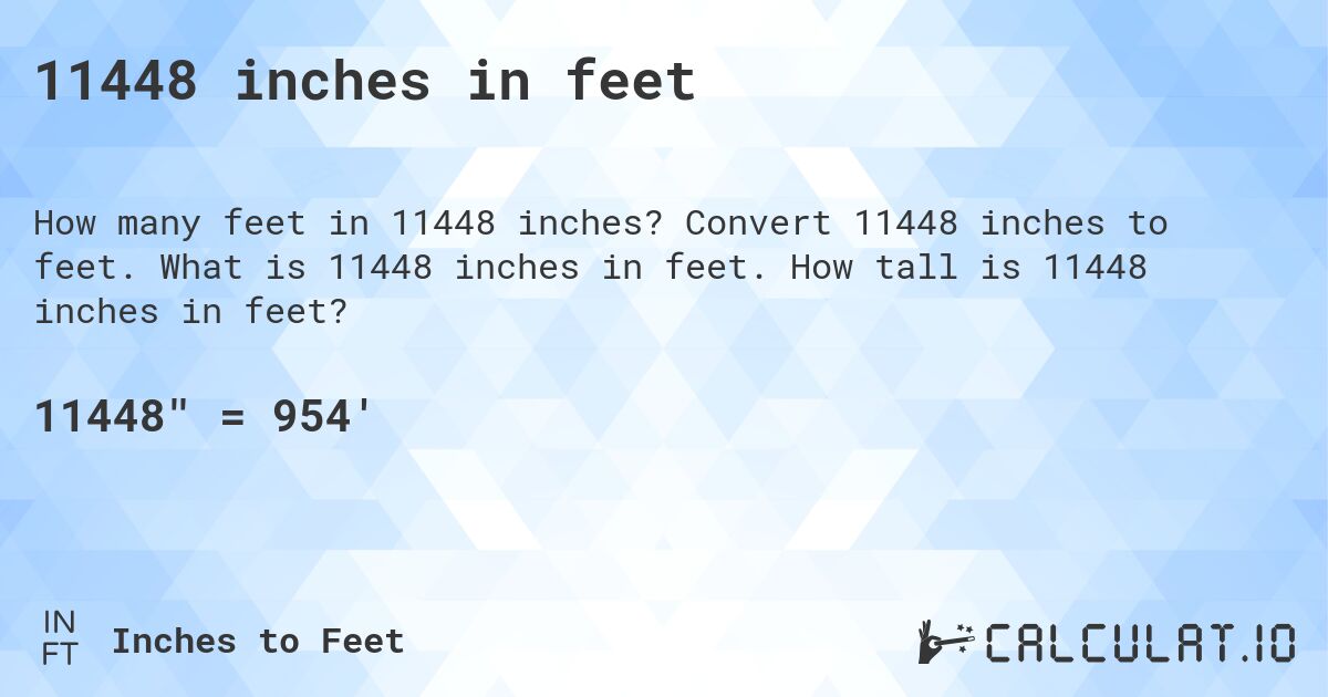 11448 inches in feet. Convert 11448 inches to feet. What is 11448 inches in feet. How tall is 11448 inches in feet?