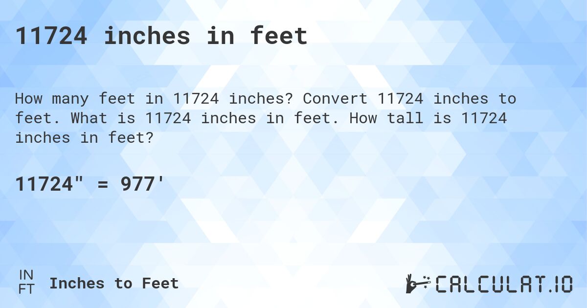 11724 inches in feet. Convert 11724 inches to feet. What is 11724 inches in feet. How tall is 11724 inches in feet?