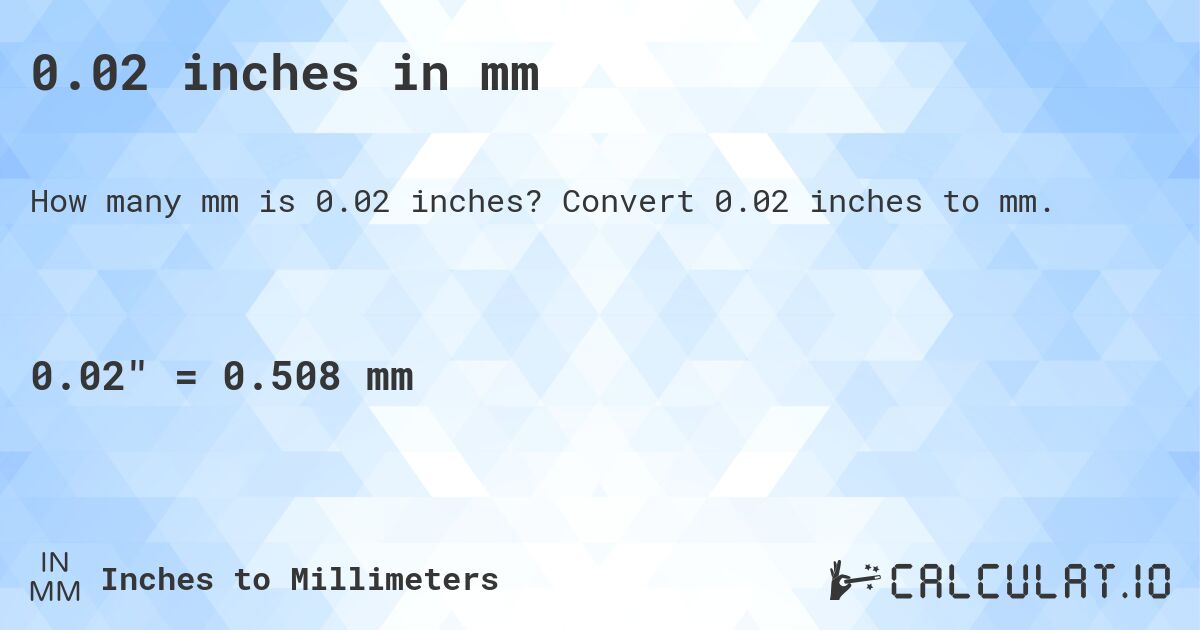 0.02 inches in mm. Convert 0.02 inches to mm.