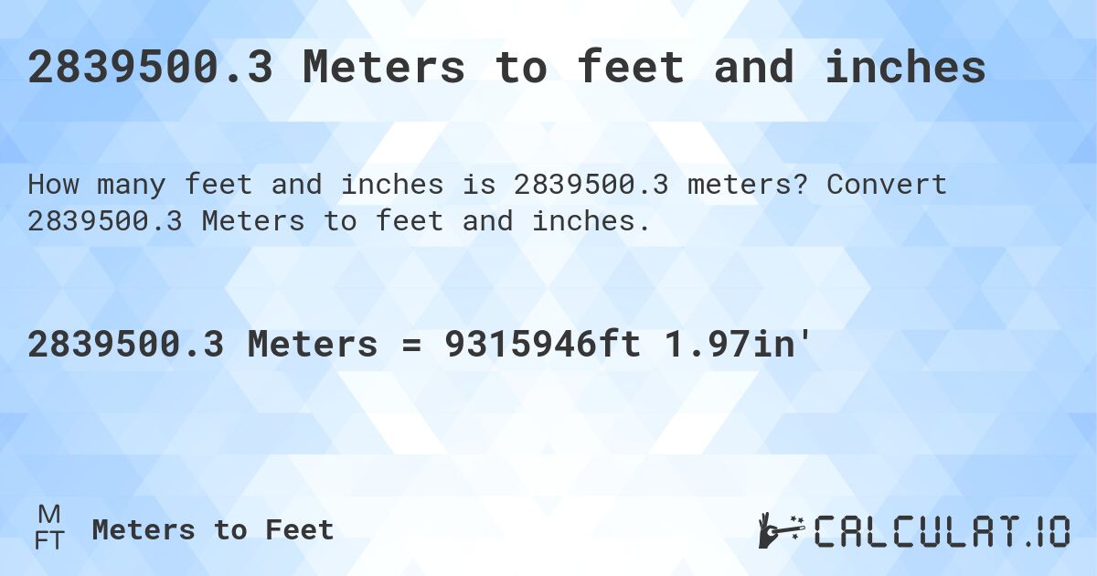2839500.3 Meters to feet and inches. Convert 2839500.3 Meters to feet and inches.
