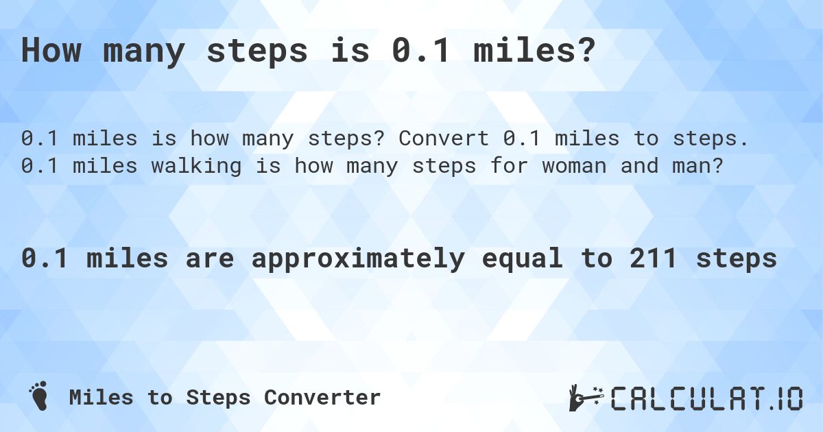 How many steps is 0.1 miles?. Convert 0.1 miles to steps. 0.1 miles walking is how many steps for woman and man?