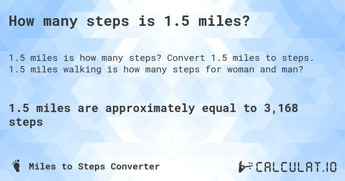 How many steps is 1.5 miles?. Convert 1.5 miles to steps. 1.5 miles walking is how many steps for woman and man?