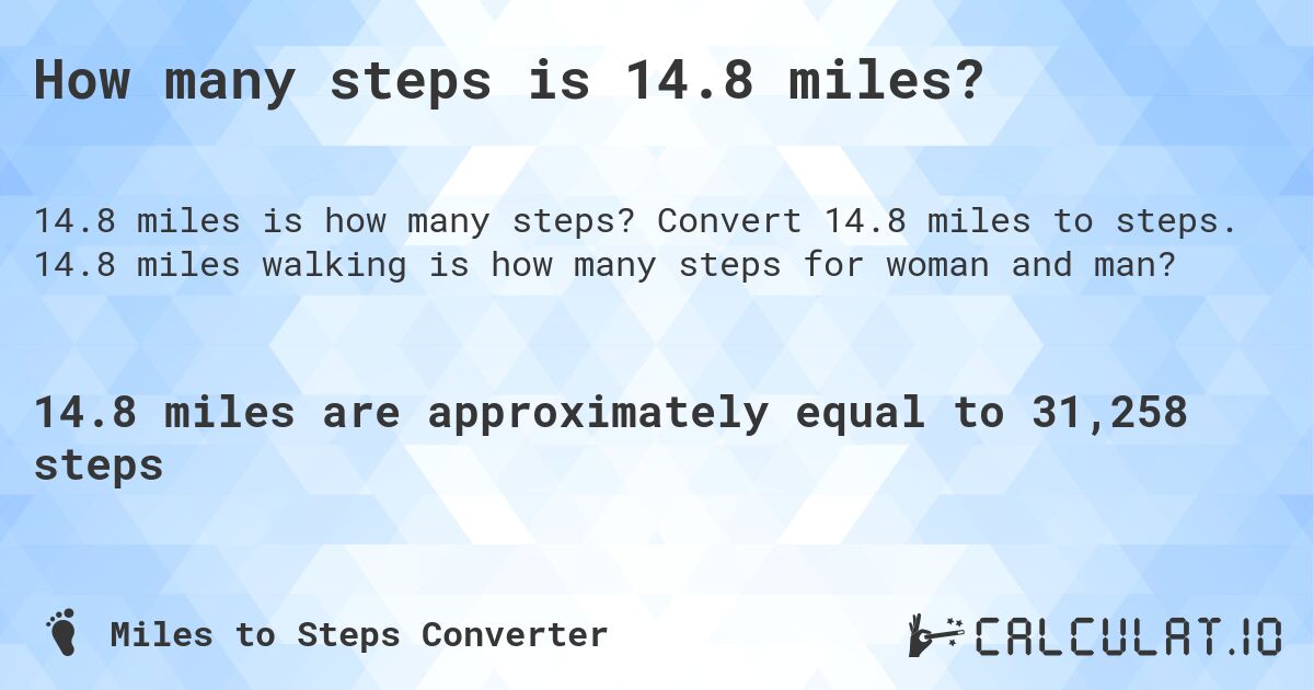 How many steps is 14.8 miles?. Convert 14.8 miles to steps. 14.8 miles walking is how many steps for woman and man?