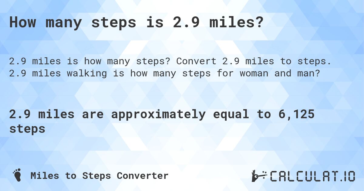 How many steps is 2.9 miles?. Convert 2.9 miles to steps. 2.9 miles walking is how many steps for woman and man?
