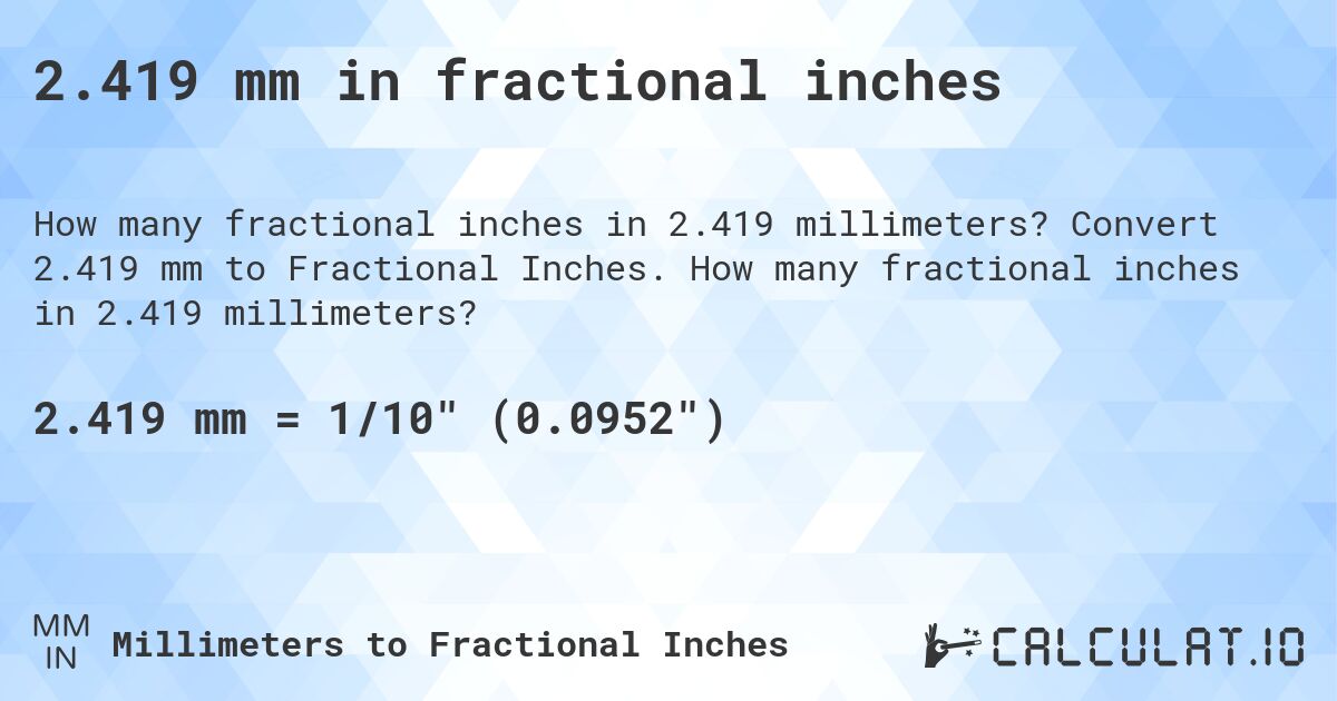 2.419 mm in fractional inches. Convert 2.419 mm to Fractional Inches. How many fractional inches in 2.419 millimeters?
