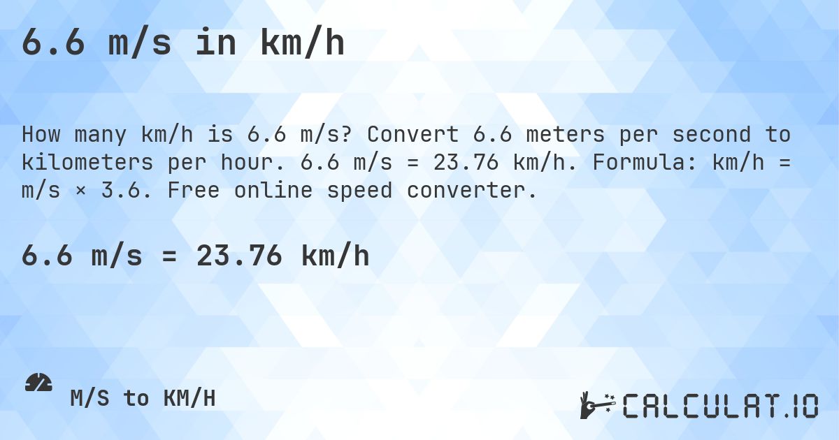 6.6 m/s in km/h. Convert 6.6 meters per second to kilometers per hour. 6.6 m/s = 23.76 km/h. Formula: km/h = m/s × 3.6. Free online speed converter.