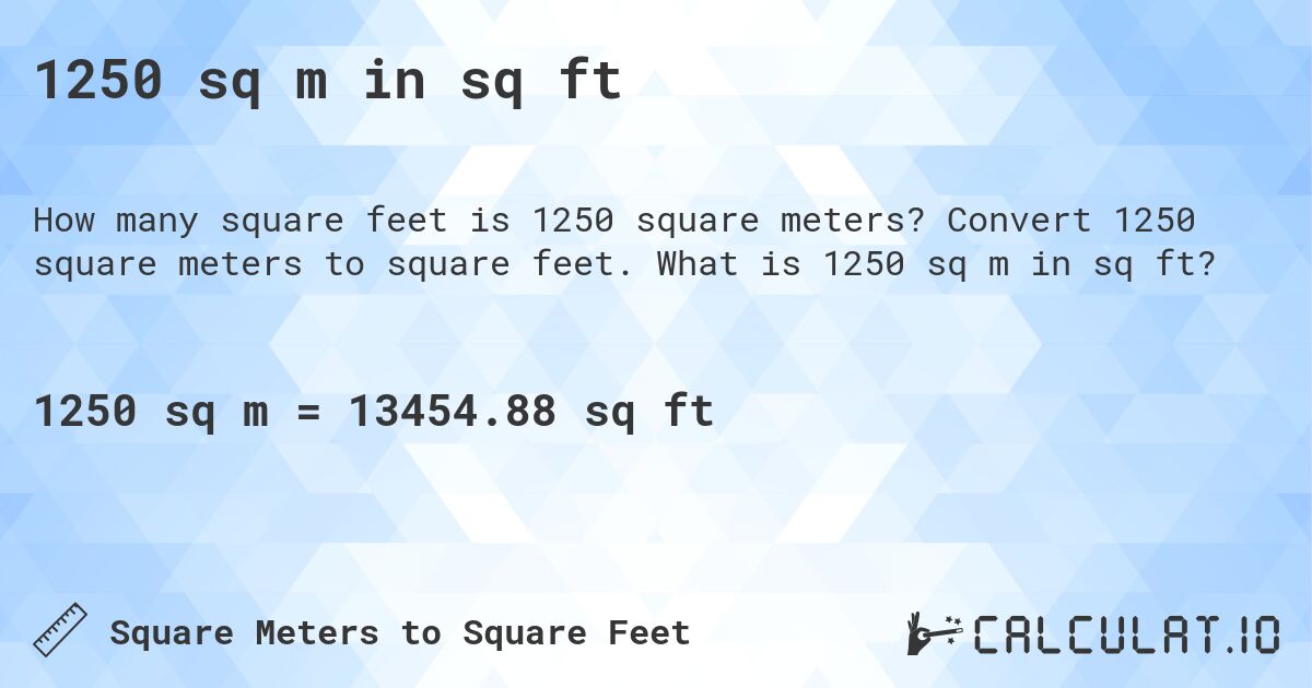 1250 sq m in sq ft. Convert 1250 square meters to square feet. What is 1250 sq m in sq ft?