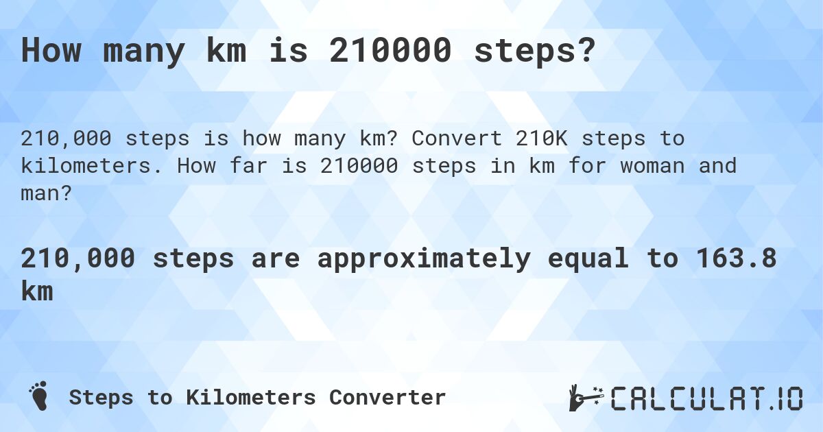 How many km is 210000 steps?. Convert 210K steps to kilometers. How far is 210000 steps in km for woman and man?