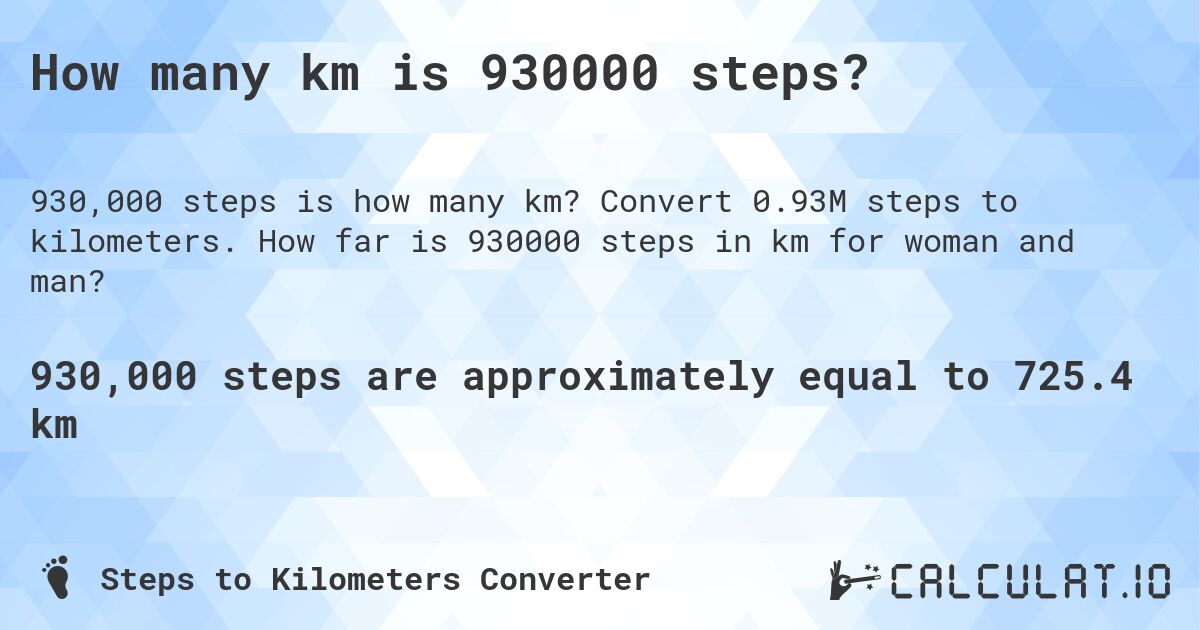 How many km is 930000 steps?. Convert 0.93M steps to kilometers. How far is 930000 steps in km for woman and man?