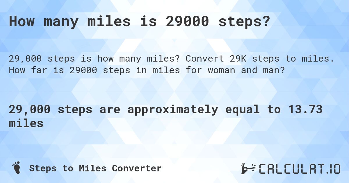 How many miles is 29000 steps?. Convert 29K steps to miles. How far is 29000 steps in miles for woman and man?