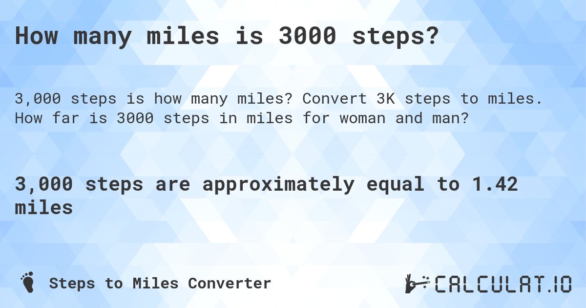 How many miles is 3000 steps?. Convert 3K steps to miles. How far is 3000 steps in miles for woman and man?