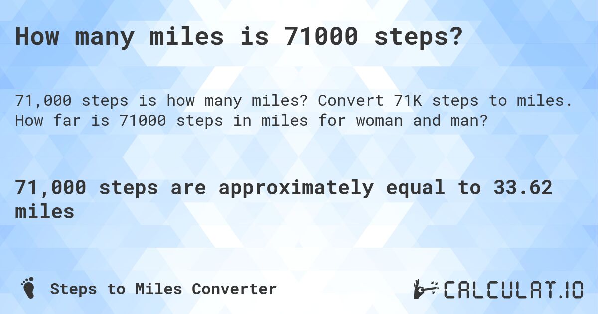 How many miles is 71000 steps?. Convert 71K steps to miles. How far is 71000 steps in miles for woman and man?